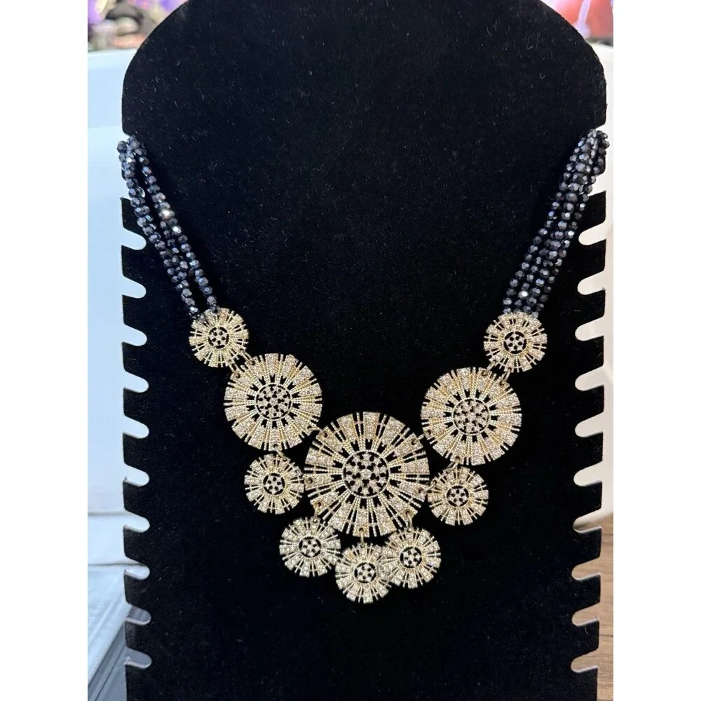 Statement Necklace W/ Gold-toned Filigree Discs & Rhinestone Accents